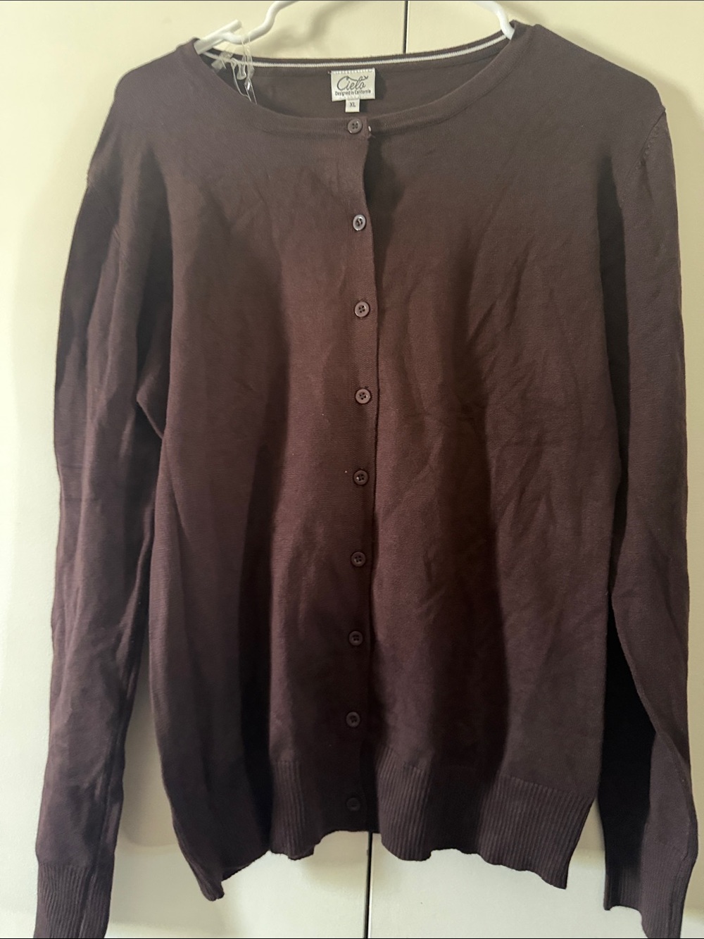 Cleo Brown Button-Front Crewneck Cardigan